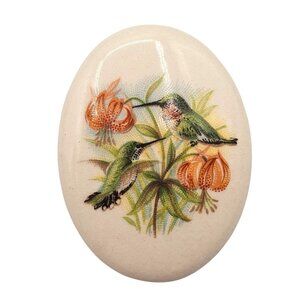 VTG Ceramic Porcelain Cabochon Transferware Flora Fauna Hummingbird Brooch Pin
